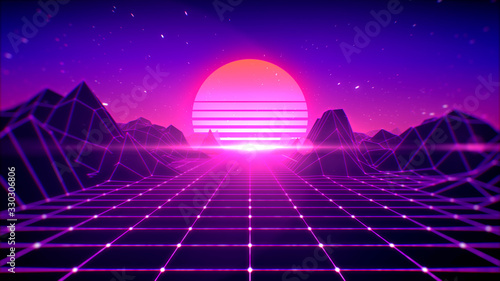 Retro background futuristic 80's style, digital summer landscape mountain, sun and space with laser grid on terrain, 3d rendering.
