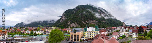 Aerial panorama of Old City of Interlaken, important tourist center in the Bernese Highlands, Switzerland photo