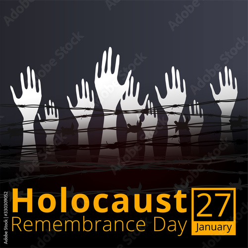 Jewish star with barbed wire and candles, International Holocaust Remembrance Day poster, January 27. World War II Remembrance Day.