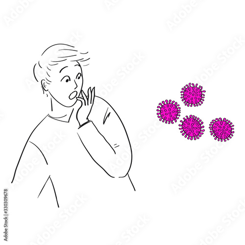 Vector Virus,Coronavirus, bacteria.A man is afraid to get infected. Infected man.The young man in horror shies away from germs and viruses. Flu virus is transmitted through airborne droplets. photo