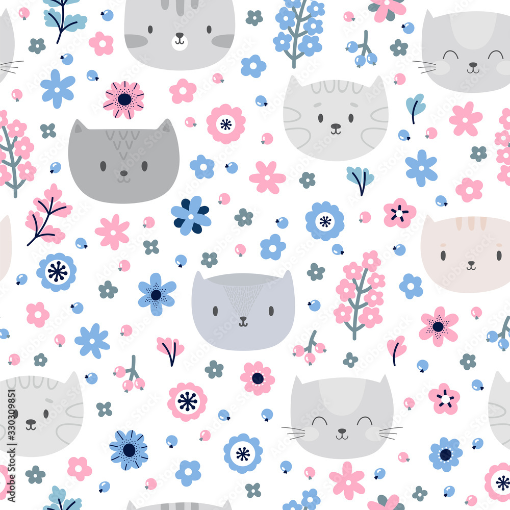 Cute background. Kids seamless pattern with cats. Funny animals on dark  backdrop. Great for fabric and textile Stock Vector | Adobe Stock