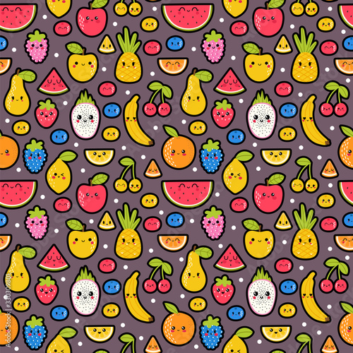 Colorful hand drawn seamless pattern with summer tropical fruit and berries. Cute background. Healthy food. Kawaii style