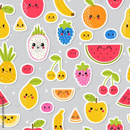 Fototapeta Naklejka Na Ścianę i Meble -  Colorful hand drawn seamless pattern with summer tropical fruit and berries. Cute stickers for your design. Healthy food. Kawaii style
