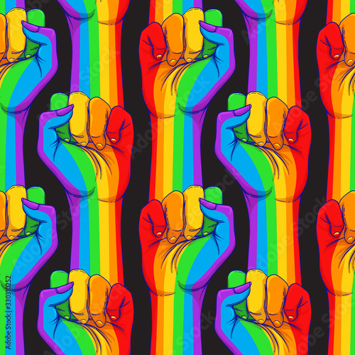 ights concept. Realistic style vector illustration in rainbow colors. LGBT logo symbols stickers seamless pattern. Colorful pride design.