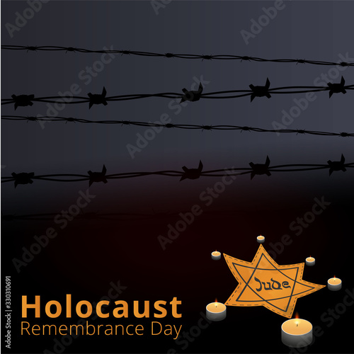 Jewish star with barbed wire and candles, International Holocaust Remembrance Day poster, January 27. World War II Remembrance Day.Yellow Star of David