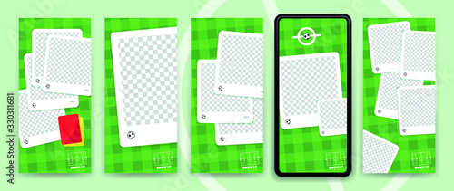 Football / Soccer instagram stories template to reporting live scores. Trendy flat vector on green background.