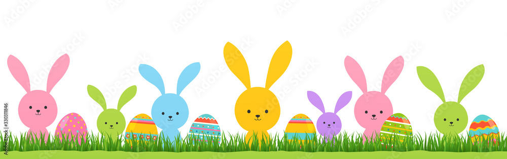 Easter bunnies on green grass with colored eggs. Festive spring banner poster. Easter bunnies on green grass with colored eggs. Festive spring banner poster.