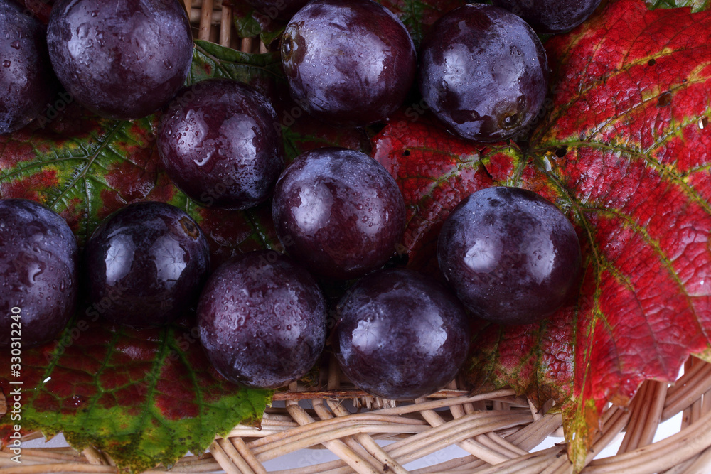 Fototapeta premium Grape on autumn leaves background