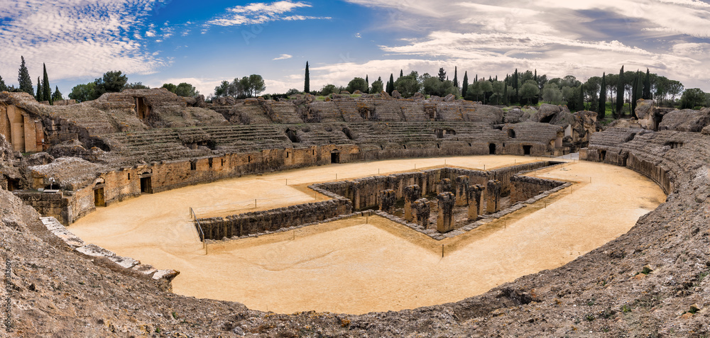 Panoramic view of the Roman amphitheater of Italica, now a major tourist attraction in Santiponce, Spain.