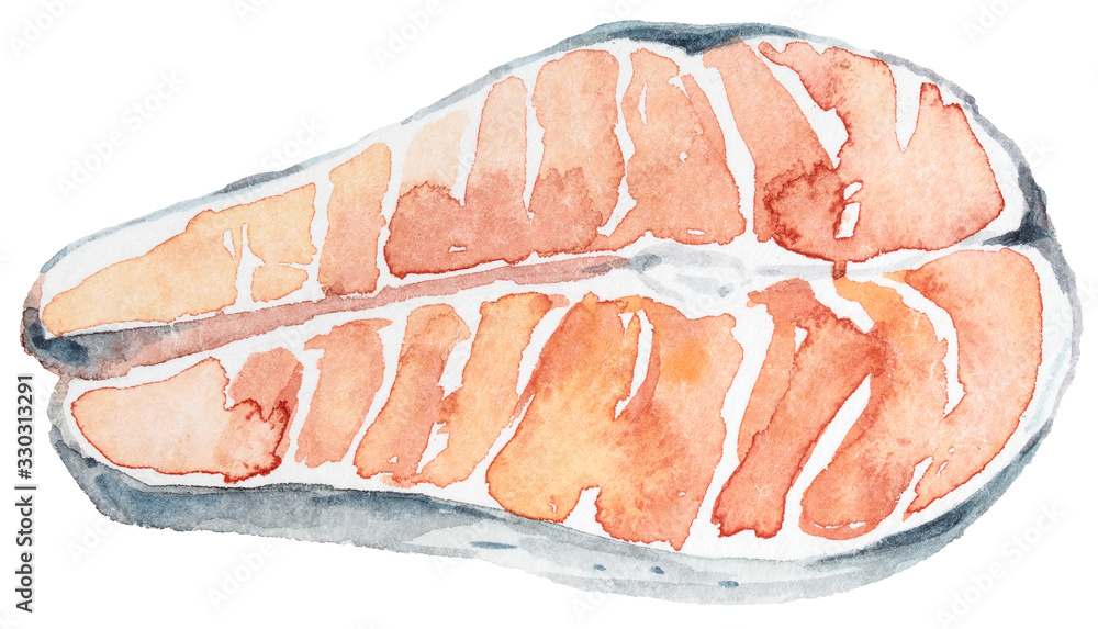 Hand painted watercolor salmon steak isolated on white. Lovely illustration for pattern, menu card Hand painted watercolor salmon steak isolated on white. Lovely illustration for pattern, menu card