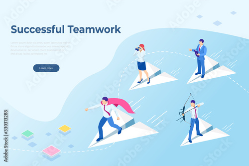 Isometric Start up concept. Income and success. Project development. Mobile apps. Successful teamwork page concept. Office workers planing business mechanism