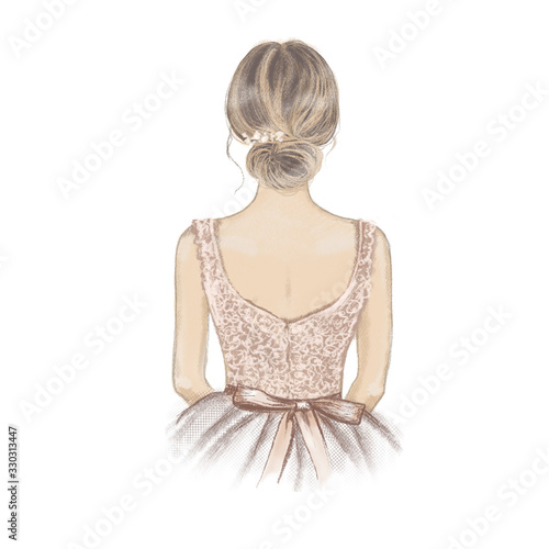 Beautiful Girl, Young Woman in fancy dress, back view. Bride, princess, ballerina. Hand drawn illustration in pastel colours