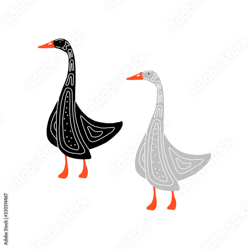 A hand-drawn goose is isolated. Engraved vector illustration style. Template for your design work.Two birds black and grey with folk pattern.suitable for fabrics, banners, postcards, children s books.