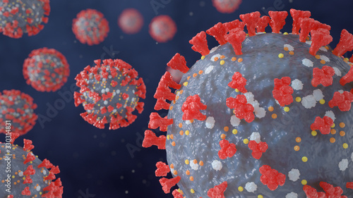 Microscopic visualization of Coronavirus particles - 3D render