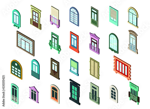 Glass Windows Set Decoration Building Construction Element Urban Street Architecture Isometric View. Vector illustration