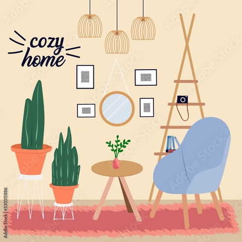 Scandinavian interior in Hygge style. interior stylish comfy furniture and home decoration, hugge table and Lounge chairs, cozy home concept. Cartoon vector illustration. Trendy Scandinavian style.
