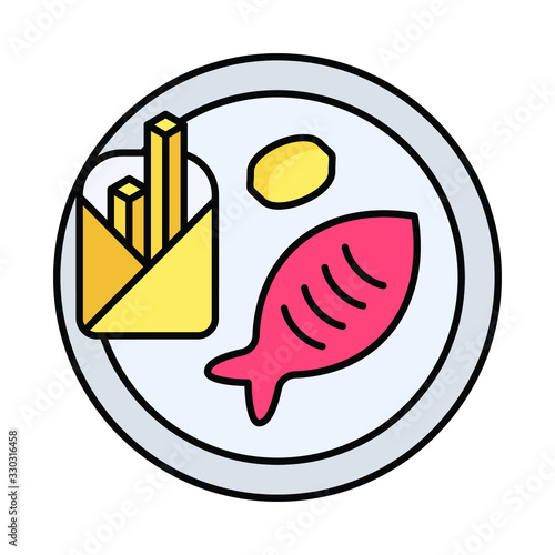 Fish and Chips in Plate concept, French fried and Seafood Cuisine Vector Icon design