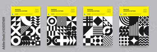 Bauhaus geometric pattern background, vector poster and cover templates design. Black and white Bauhaus circle, triangle and square lines art or Swiss pattern backgrounds set
