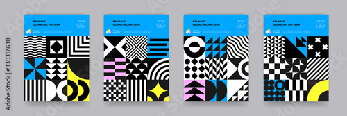 Bauhaus geometric pattern background, vector abstract geometric circle, triangle and square lines art. Black and white color Bauhaus or Swiss patterns backgrounds set