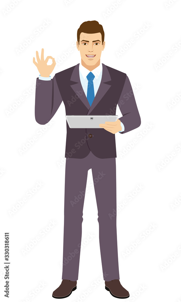 OK! Smiling Businessman show a okay hand sign and holding digital tablet PC. Full length portrait of Businessman in a flat style. Vector illustration. OK! Smiling Businessman show a okay hand sign and holding digital tablet PC. Full length portrait of Businessman in a flat style. Vector illustration.