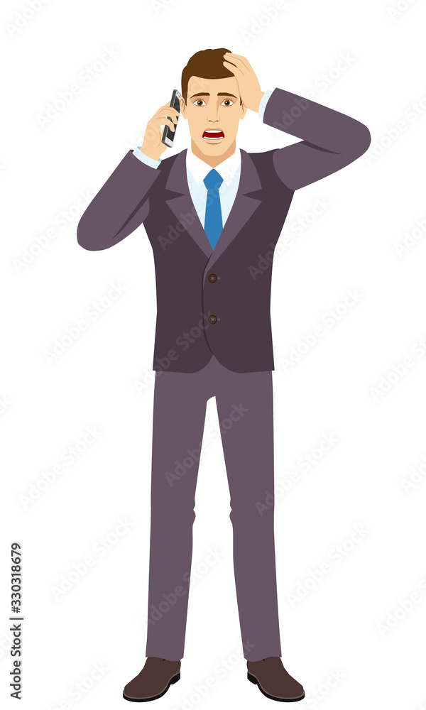 Shocked Businessman talking on the mobile phone and grabbed his head. Full length portrait of Businessman in a flat style. Shocked Businessman talking on the mobile phone and grabbed his head. Full length portrait of Businessman in a flat style.