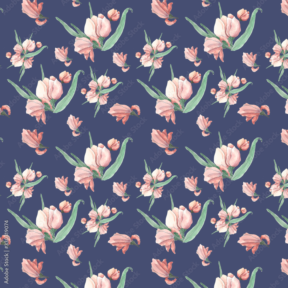 watercolor illustration of a seamless pattern of pink buds on a dark blue background
