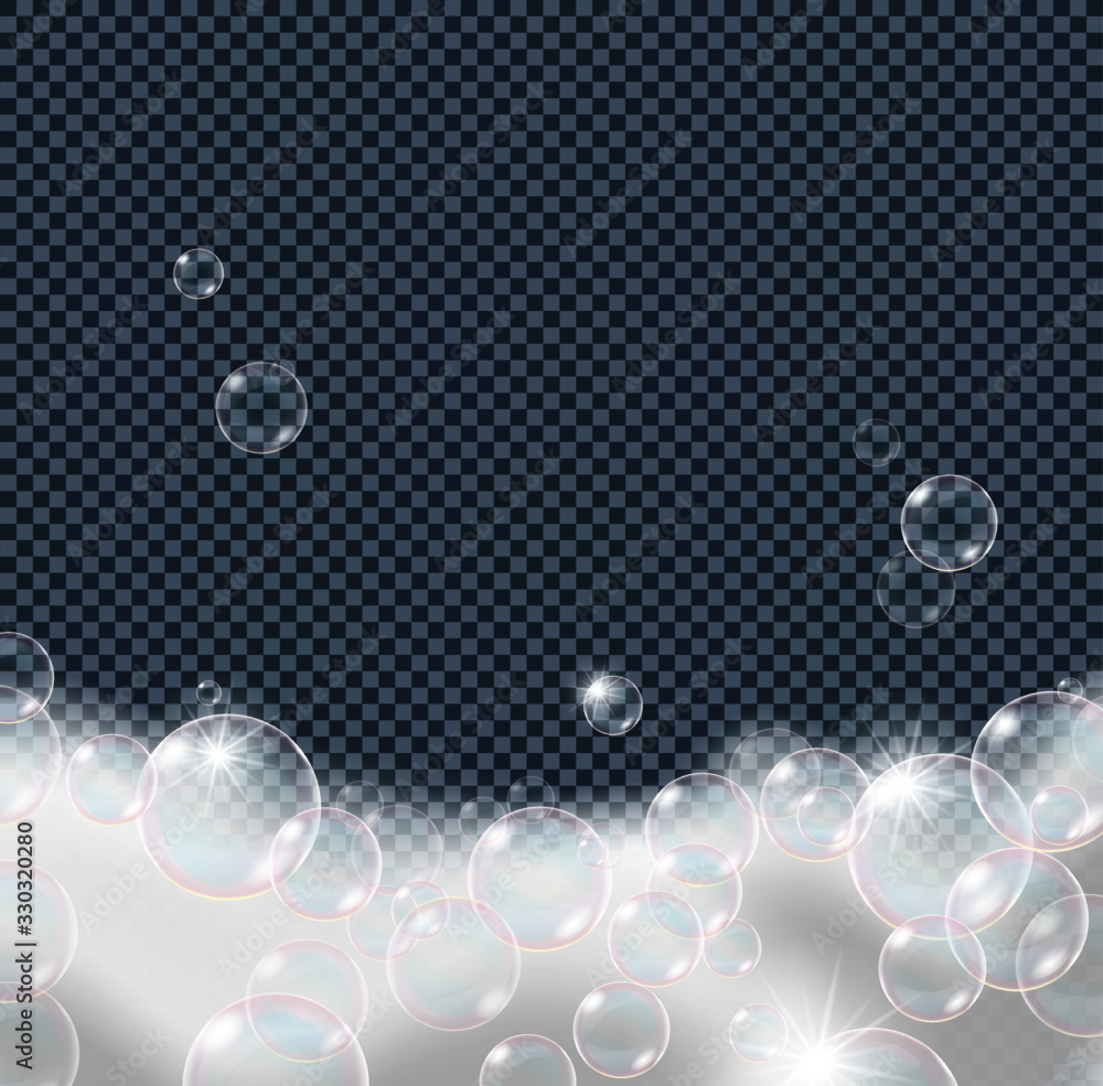 Soap foam bubbles isolated on transparent background. Realistic looking vector illustration.	