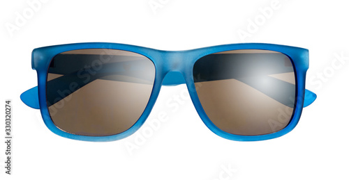 Stylish unisex sunglasses with a blue translucent plastic frame. Front view.