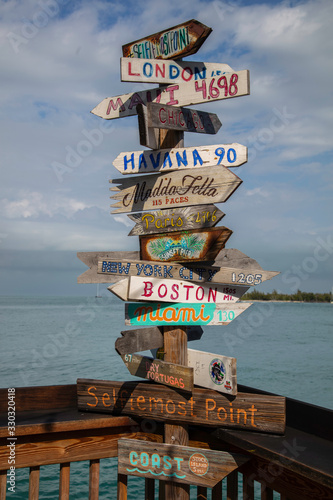 A guidepost sign near Mallory Square in Key West  Florida indicates the direction to other cities around the world