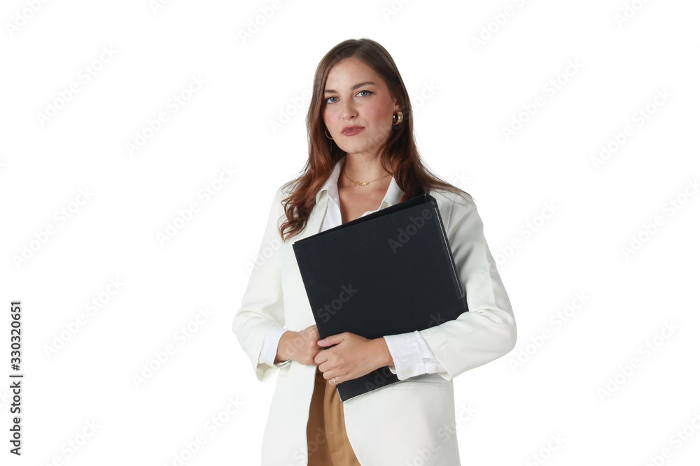 Portrait of young beautiful woman holding black file folder of document isolated on white background, smart business working female concept. Portrait of young beautiful woman holding black file folder of document isolated on white background, smart business working female concept.