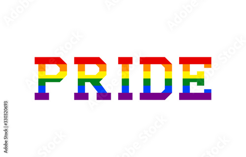 Pride text with rainbow LGBT flag on white background