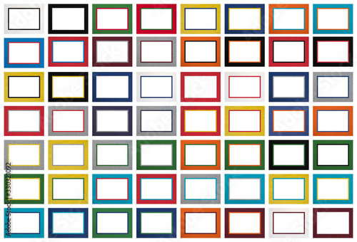Set of textural decorative multicolored rectangular frames. Templates for creative work with free white space, isolate.