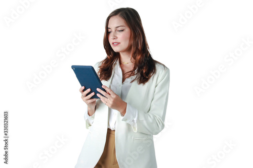 Portrait of young beautiful woman holding digital tablet isolated on white background, smart confident business working female concept.