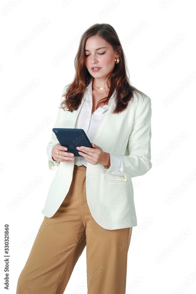 Portrait of young beautiful woman holding digital tablet isolated on white background, smart confident business working female concept. Portrait of young beautiful woman holding digital tablet isolated on white background, smart confident business working female concept.