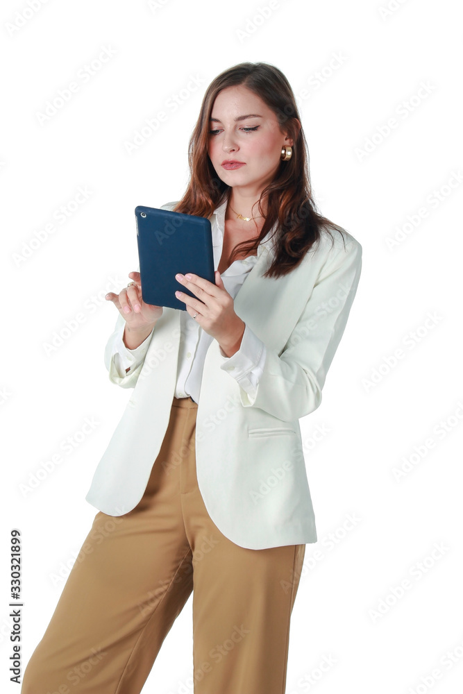 Portrait of young beautiful woman holding digital tablet isolated on white background, smart confident business working female concept. Portrait of young beautiful woman holding digital tablet isolated on white background, smart confident business working female concept.