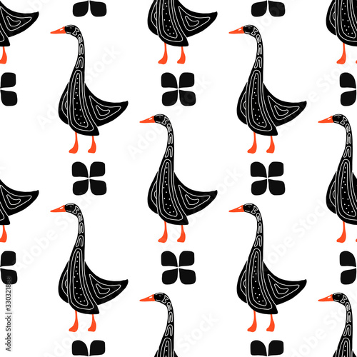 Hand-drawn seamless goose pattern. Engraved vector illustration style. Template for your design work.stylized bird with a folk pattern.suitable for fabrics, banners, postcards, children s books.