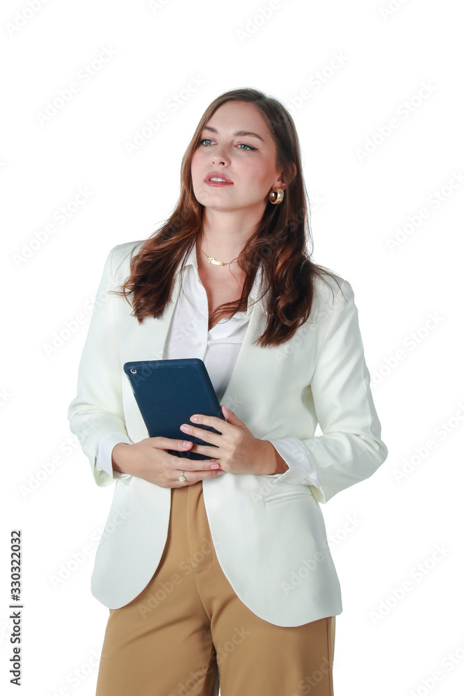 Portrait of young beautiful woman holding digital tablet isolated on white background, smart confident business working female concept. Portrait of young beautiful woman holding digital tablet isolated on white background, smart confident business working female concept.