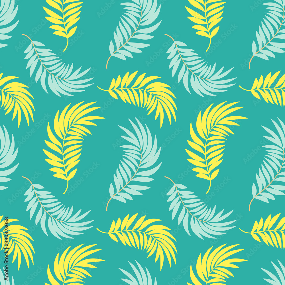 Vector seamless tropical pattern with leaves on emerald background. Vector floral illustration for textile, print, wallpapers, wrapping. Vector seamless tropical pattern with leaves on emerald background. Vector floral illustration for textile, print, wallpapers, wrapping.