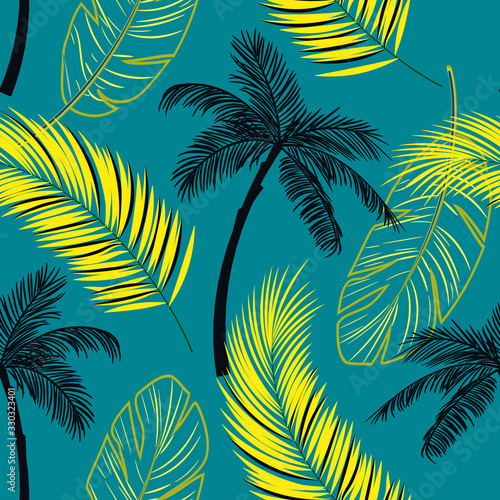 Vector seamless tropical pattern with palm tree and leaves on emerald background. Vector  floral illustration for textile  print  wallpapers  wrapping.