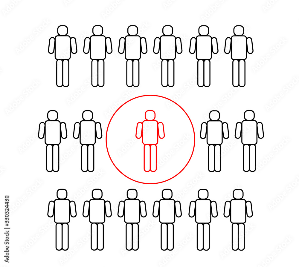 Self isolation during the coronavirus COVID19 quarantine. Crowd of people and infected red person in the isolated bubble. Concept vector illustration. Self isolation during the coronavirus COVID19 quarantine. Crowd of people and infected red person in the isolated bubble. Concept vector illustration.