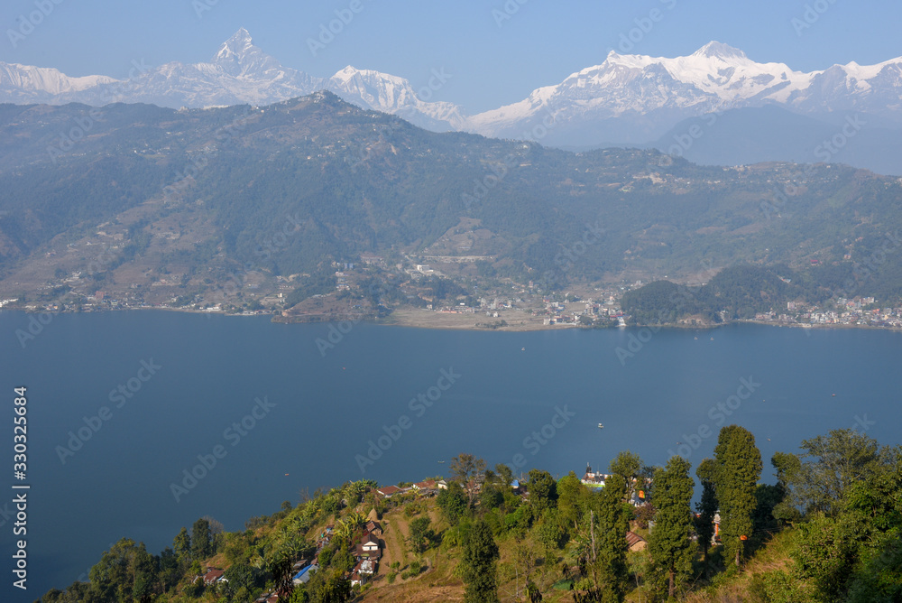 Arial view on Pokhara city, lake Phewa and the Himalayan range on Nepal