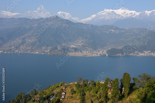 Arial view on Pokhara city, lake Phewa and the Himalayan range on Nepal