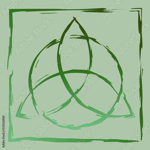 Drawn green celtic pagan symbol triquetra in square frame