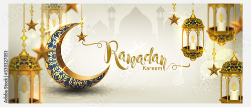 Ramadan Kareem with crescent moon gold luxurious crescent,template islamic ornate  element for greeting card,Vector 3D style
