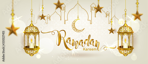 Ramadan Kareem with crescent moon gold luxurious crescent,template islamic ornate  element for greeting card,Vector 3D style