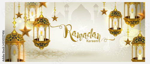 Ramadan Kareem with crescent moon gold luxurious crescent,template islamic ornate  element for greeting card,Vector 3D style photo