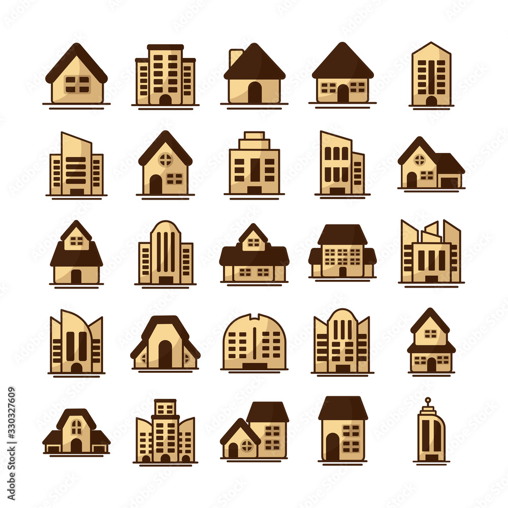 set of icons of towers of apartment, office building and house on white background