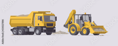 Vector dump truck with sand & backhoe loader set. Isolated illustration