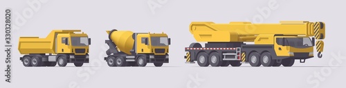 Vector dump truck & concrete mixer truck & telescopic mobile crane truck. Isolated illustration