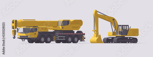 Vector telescopic mobile crane truck & heavy shovel excavator. Isolated illustration